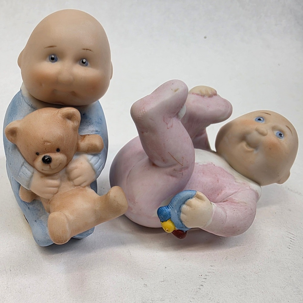 Cabbage Patch Kids CPK Figurines 3" Blue Pink 1984 1985 Porcelain Set of 2